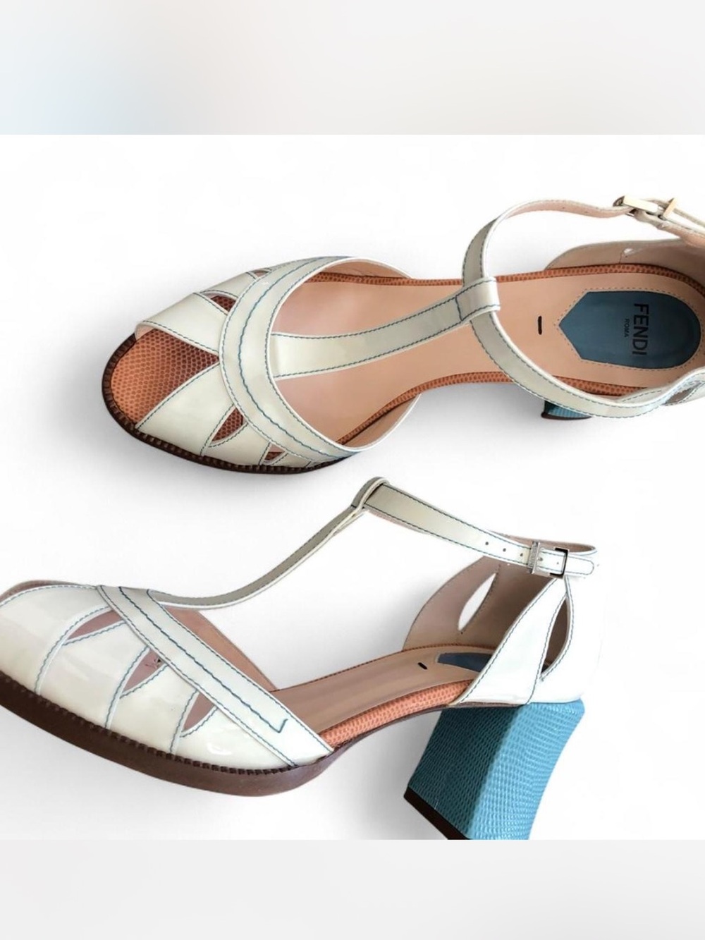 FENDI patent leather chameleon t-strap sandals Cream and Blue size 40 US 9.5/10